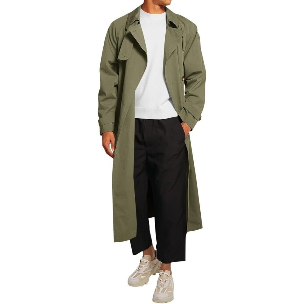 Mens Army Green Double Breasted Belted Windbreaker Jackets Lapel Trench Coat